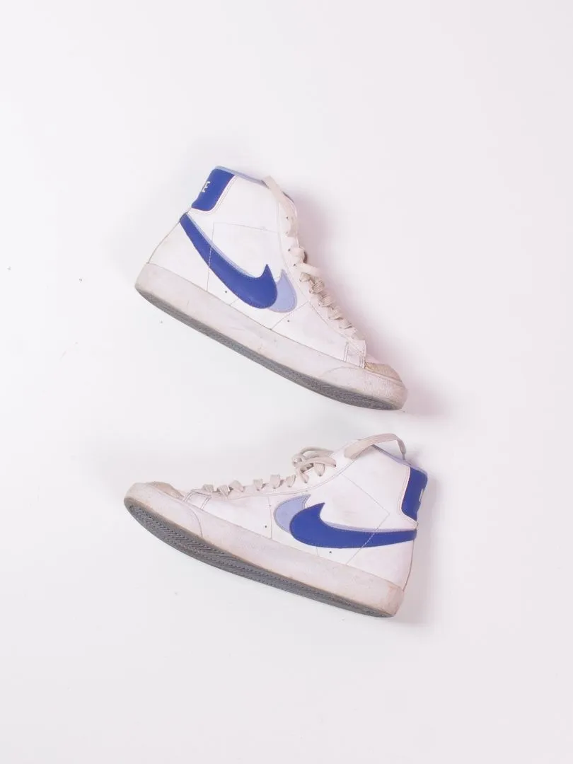 White/Blue Nike High Top Sneakers, 6.5Y