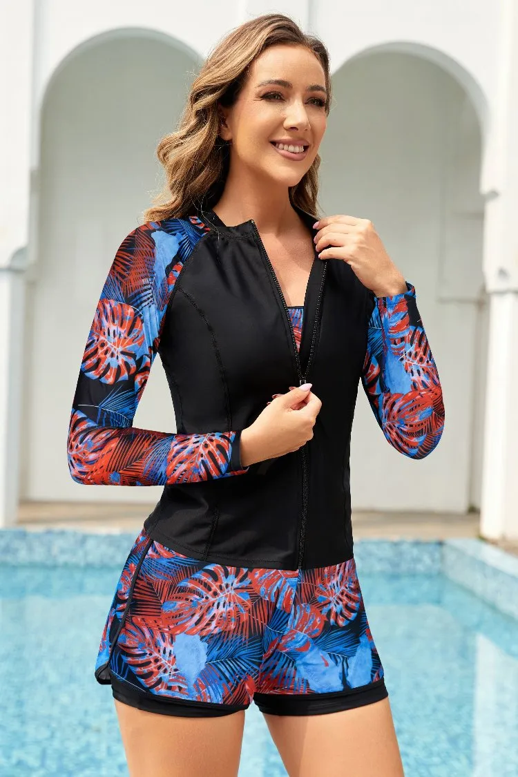 Women's 3 Piece Rash Guard Zipper Long Sleeve Wetsuit Top Sports Bra