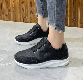 Womens Athletic Sneakers  Rhinestone Embellished  Textured Pattern  Lace-Up Fit